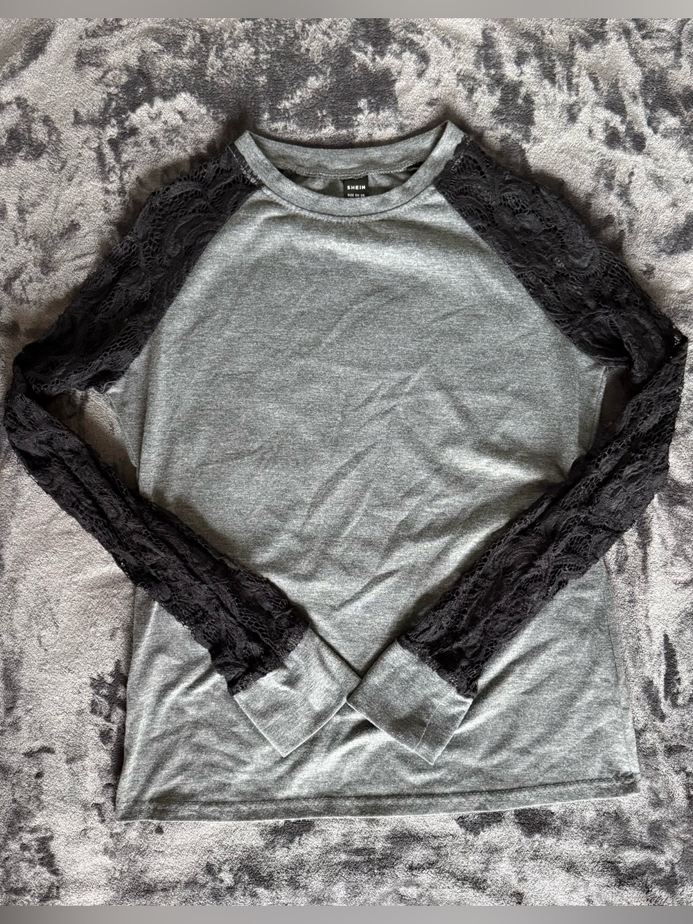 Gray Long-Sleeve Tee with Black Lace Sleeves